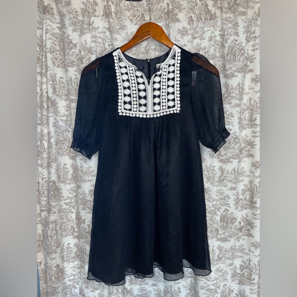 Girls flowy Black Dress with White Embroidery